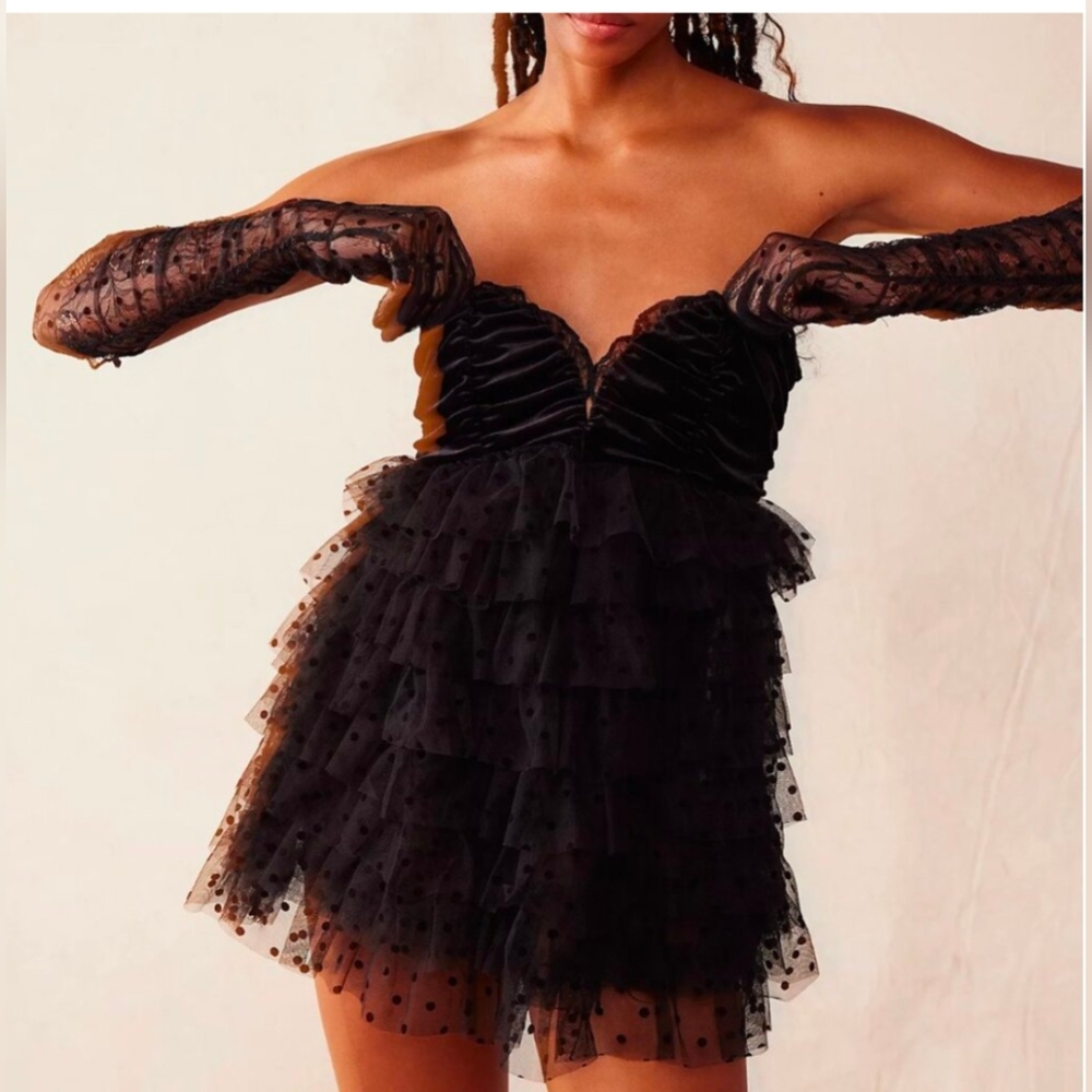 For Love And Lemons Black Strapless Ruffle Dress